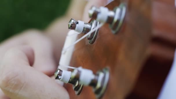自然クローズアップハンドと楽器でウクレレで遊ぶ男 — ストック動画