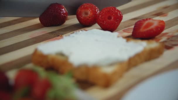 新鮮な赤いイチゴと白いカッテージチーズのサンドイッチは 木製のボード上に 閉じて 徐々に焦点を当てています イチゴサンドイッチ調理プロセス ヘルシーフード — ストック動画