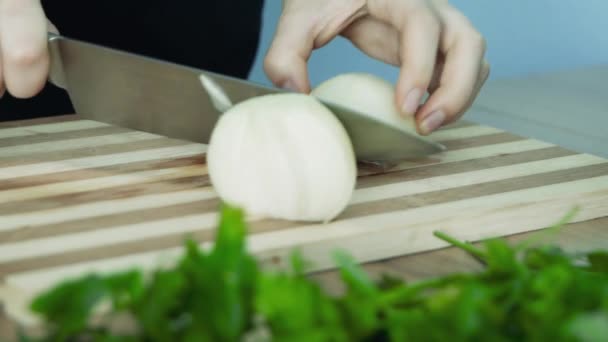 Snel Uien Hakken Close Witte Uien Close Vrouwelijke Handen Gesneden — Stockvideo