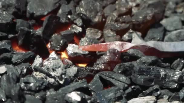 Close Hot Metal Bar Being Heated Coal Forge Blacksmith Shop — Stock Video