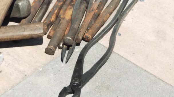 Workplace Blacksmith Anvil Hammers Tongs Forge Street Close — Stock Video