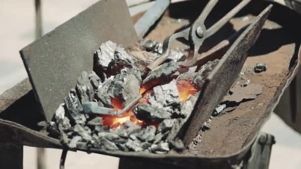 Close Hot Metal Bar Being Heated Coal Forge Blacksmith Shop — Stock Video