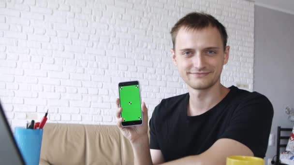 Young Attractive Caucasian Man Watching Smartphone Home Office Showing Green — Stock Video