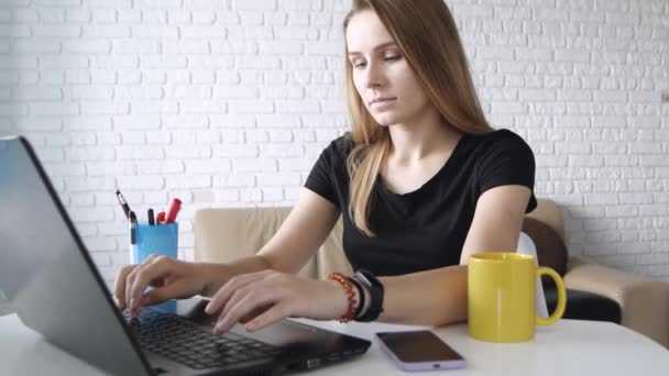ノートパソコンを使用して若い美しい白人女性 コンセプトビジネス コミュニケーション — ストック動画
