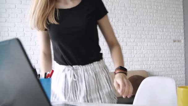 Young Beautiful Caucasian Girl Does Warm Hands Starts Working Laptop — Stock Video