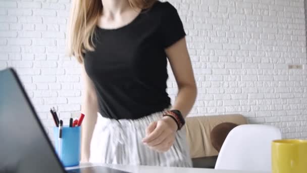 Young Beautiful Caucasian Girl Does Warm Hands Starts Working Laptop — Stock Video
