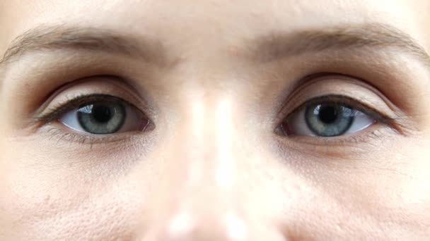 女性眼睛的特写 打开一个女人看着相机的蓝眼睛的细节 高加索女性清醒看 — 图库视频影像