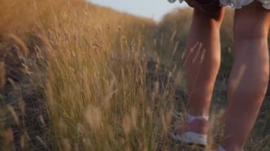 Pembe spor ayakkabıları ve beyaz elbise yaz gününde sarı çim ile çayır üzerinde yürüyüş genç güzel kadın. Doğa yavaş hareket, yakın. Kadın bacaklar gün batımında bir yürüyüş sırasında patika Step.