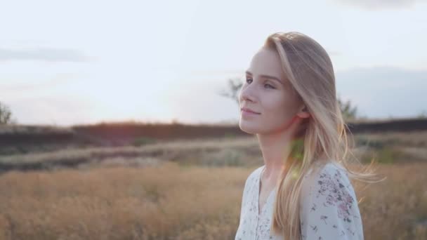 Genç Güzel Kaygısız Kadın Inanılmaz Renkli Günbatımı Buğday Alanında Doğa — Stok video