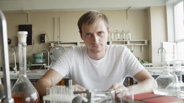 Portrait Young Man Scientist Working Laboratory Sad Chemist Student Looking — Stock Video