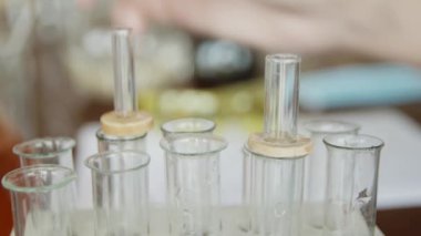 Bir üniversite / okul laboratuvarında, pipet li bir öğrenci test tüplerinde bir sıvıanaliz eder. Kavram: araştırma, biyokimya, çalışma, kimyager