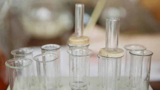 University School Laboratory Student Pipette Analyzes Liquid Test Tubes Concept — Stock Video