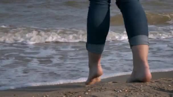 Gambe Giovane Donna Che Percorrono Spiaggia Dell Oceano Durante Tramonto — Video Stock