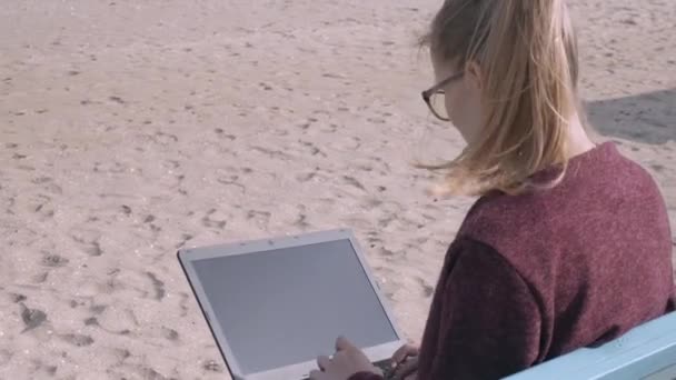 Den Unga Stilig Kvinna Som Arbetar Bärbar Dator Stranden Solnedgången — Stockvideo