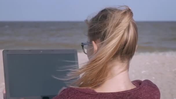 여자는 석양을 배경으로 해변에서 노트북을 사업가는 일몰에 해변에서 작동합니다 프리랜서가 — 비디오