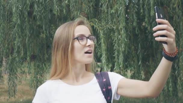 안경을 소녀가 야외에서 공원에서 통화를하는 카메라로 친구에게 화면을 흔들고 있습니다 — 비디오