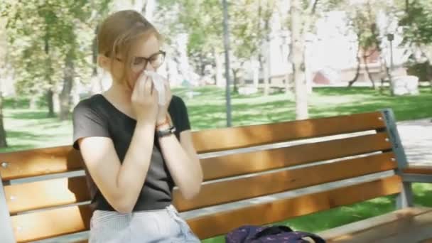 Woman Sneezing Outdoor — Stock Video