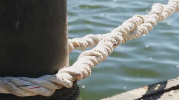 Close Nautical Knot Rope Tied Stake Boat Ship Boat Mooring — Stock Video