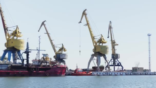 Hafenkräne Handelshafenstahl Einem Sommertag Stadtlandschaft Frachtschiff Hafen Bau Des Schiffes — Stockvideo