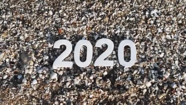 Year 2020 Numbers Sand Stones Shells Seacoast Washed Away Sea — Stock Video