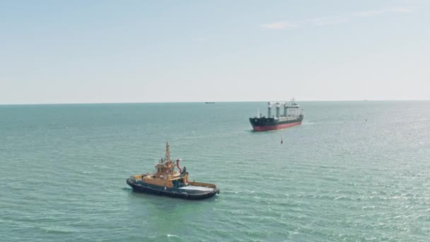 Aerial drone video of yellow tugboat goes to a large cargo ship to transport to the dock. Cargo ship barge and tugboat sail to meet each other in the seaport of the port. Aerial View. — 图库视频影像