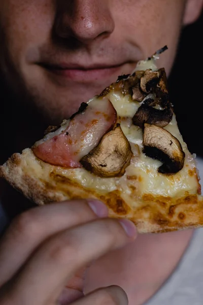 Close Portrait Excited Happy Hungry Young Man Eating Piece Pizza — Stock Photo, Image