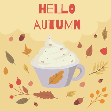 Düz Simge. Kremalı bir fincan kahve. Sonbahar desenli, yapraklı ve dallı sarı arka planda iç. Web ve mobil için modern vektör illüstrasyonu.