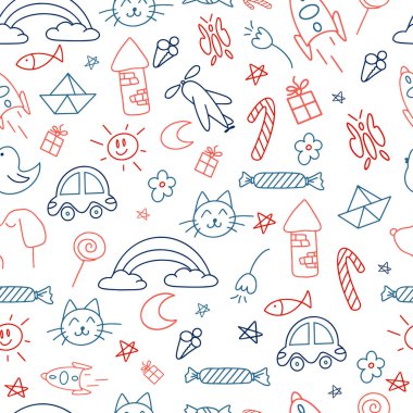 Çocuklar ve anaokulu öğrencileri için güzel el yapımı, pürüzsüz desenler. Simge araba, kedi, köpek, şeker, kule, gökkuşağı, ay, güneş, kule, uçak, roket. Çocuklar için Kusursuz Desen