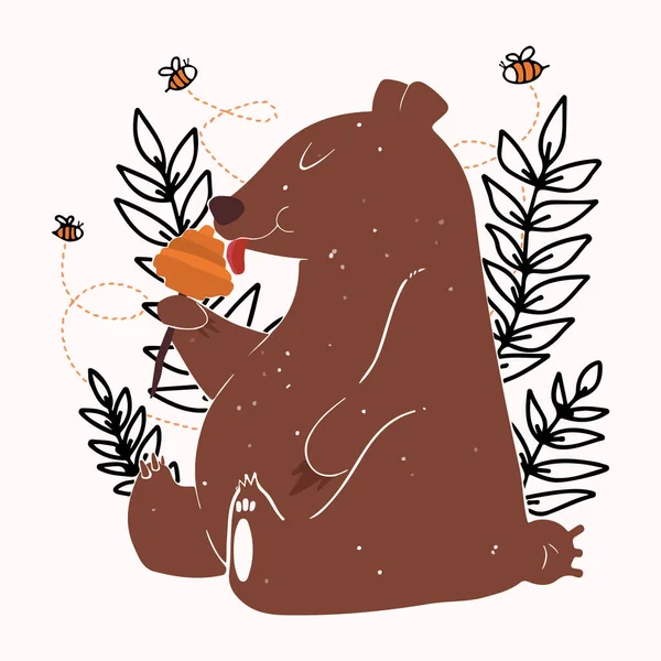 Cute Brown Grizzly Bear Beige Background Teddy Sits Eats Honey Royalty Free Stock Vectors