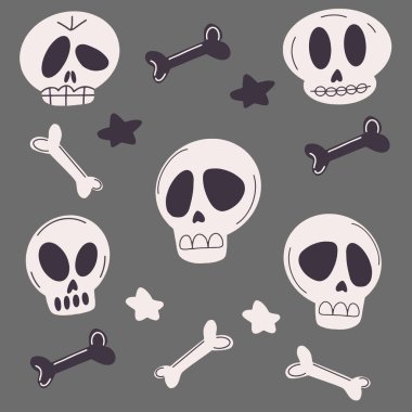 Cadılar bayramı konseptin kutlu olsun. Kafatası ve Kemikler. Korkunç ve korkutucu bir tatilin güzel çizimleri. Cadılar Bayramı özelliklerinin Doodle çizim vektör illüstrasyonu.