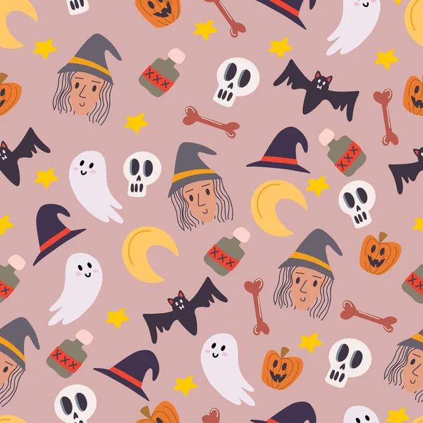 Feliz Dia Das Bruxas Padrão Sem Emenda Atributos Halloween Belas — Vetor de Stock