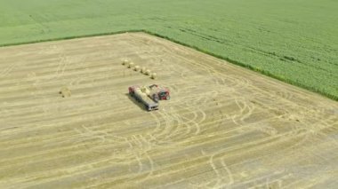 Bir yükleyicinin havadan çekilen görüntüsü samanlıkları bir kamyonun arkasına koyuyor. Köyde hasat var. Yazın tarım kavramı.
