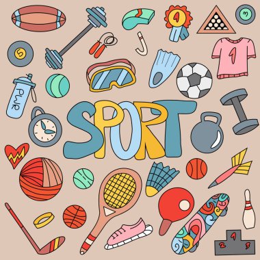 Spor konsepti yapıyorum. Güzel spor ikonları seti. Sporun özellikleri. Etkin dinlenme.