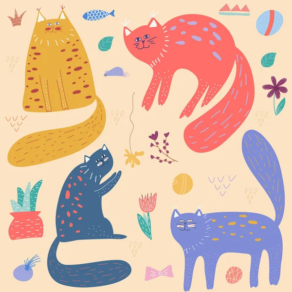 Açık arkaplandaki bir grup sevimli kedi. Doodle tarzı. Yaratıcı çocuksu doku. Kumaş ve Tekstil Vektörü İllüstrasyonu için harika