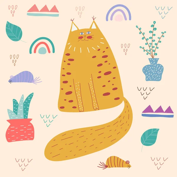 Işıklı arka planda sevimli bir kedi. Doodle tarzı. Yaratıcı çocuksu doku. Kumaş ve Tekstil Vektörü İllüstrasyonu için harika