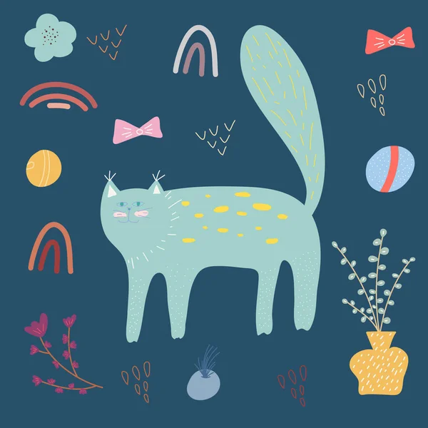 Koyu mavi arka planda sevimli bir kedi. Doodle tarzı. Yaratıcı çocuksu doku. Kumaş ve Tekstil Vektörü İllüstrasyonu için harika