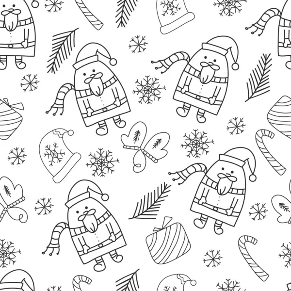 Handgezeichnetes Schwarz Weißes Nahtloses Muster Mit Weihnachtlichen Elementen Weihnachten Und — Stockvektor