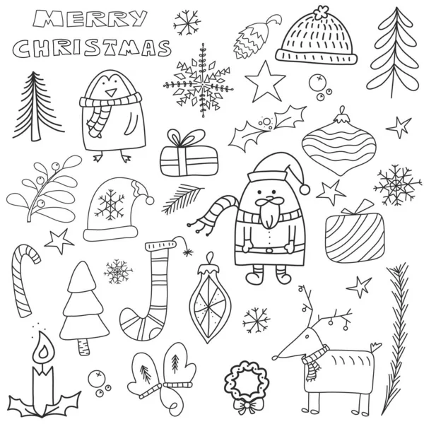 Handgezeichnete Doodle Vektor Illustration Weihnachtskunstzeichnungen Schwarz Set Mit Schriftzügen Ornamenten — Stockvektor