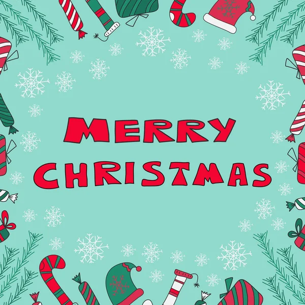 Gran Conjunto Elementos Doodle Diseño Navideño Con Letras Feliz Navidad — Vector de stock