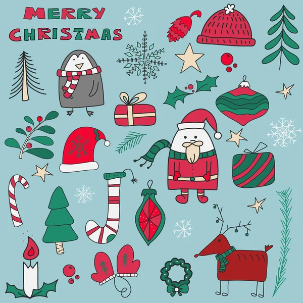 Handgezeichnete Doodle Vektor Illustration Weihnachtskunstzeichnungen Schwarz Set Mit Schriftzügen Ornamenten — Stockvektor