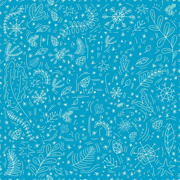 Kar taneleri ve köknar dallarıyla kusursuz desen. Yeni yıl, Noel, köknar ağacı desenli bayram desenleri baskı, kağıt, tasarım, kumaş, dekor, hediye paketi, arka plan. Vektör illüstrasyonu