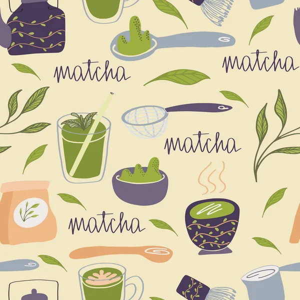 Patrón Sin Costuras Con Elementos Matcha Ceremonia Del Nacional Étnico — Vector de stock