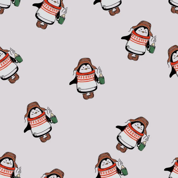 Mignon Modèle Pingouin Avec Fond Blanc Modèle Sans Couture Fond — Image vectorielle