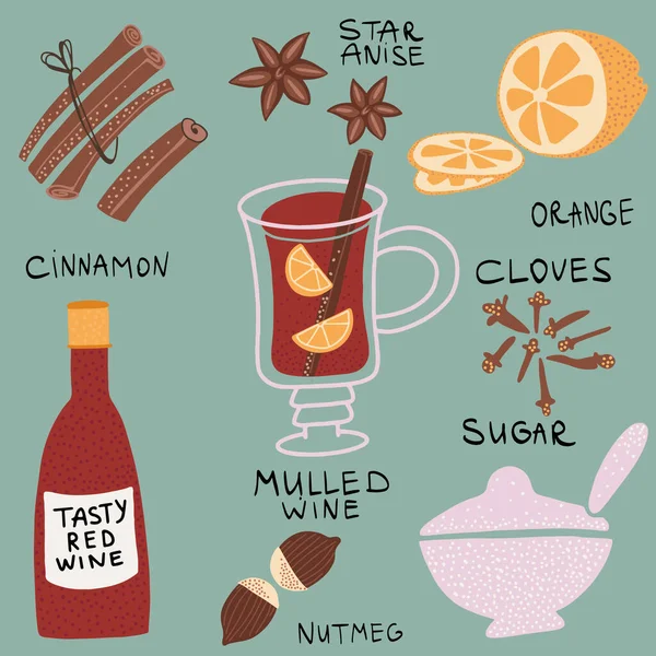 Mulled Wine Set Glass Drink Hand Drawn Ingredients Illustration Flat — Stock Vector