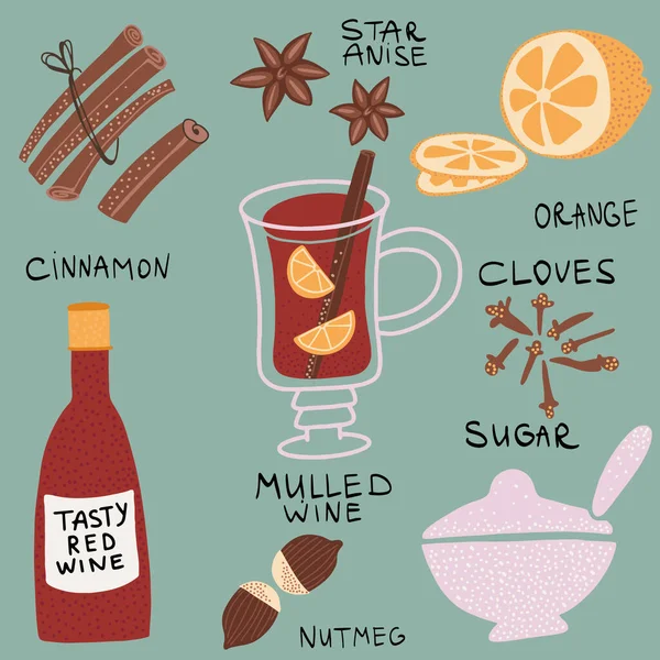 Glühwein Set Met Glas Drank Met Hand Getekende Ingrediënten Illustratie — Stockvector