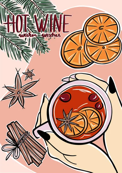Bir kız pembe arka planda elinde bir bardak sıcak şarap tutuyor. Bir tebrik kartı için güzel bir illüstrasyon. El çizimi. Mevsimlik vektör, sıcak şarap ve içindekiler..