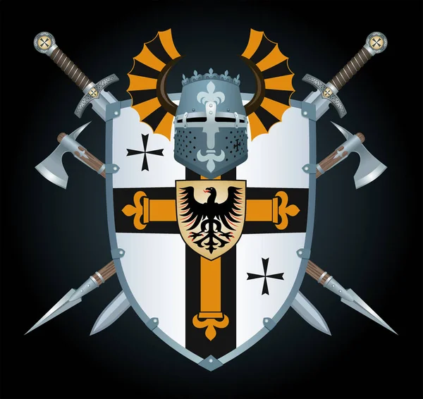 Ilustración Vectorial Conjunto Armadura Medieval Caballero Armas Sobre Fondo Negro — Vector de stock