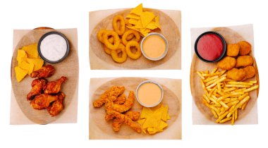 Renkli atıştırmalıklar arasında tavuk kanatları, soğan halkaları, tavuk kanatları ve kremalı sosların eşlik ettiği patates kızartmaları yer alıyor. Bu harika ziyafet paylaşmak için mükemmel..