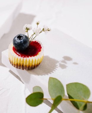 Küçük bir tatlı hafif bir yüzeyde taze yaban mersini ve narin bir çiçekle süslenir. Tatlı, kremalı tabanını tamamlayan renkli bir reçel katmanı içeriyor..