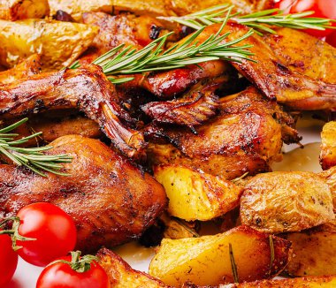 Sulu kızarmış tavuk parçaları taze otlarla süslenir ve yanında da altın sarısı kızarmış patatesler. Kiraz domatesleri renk katar. Toplamak için mükemmel bir iştah açıcı yemek oluşturur..